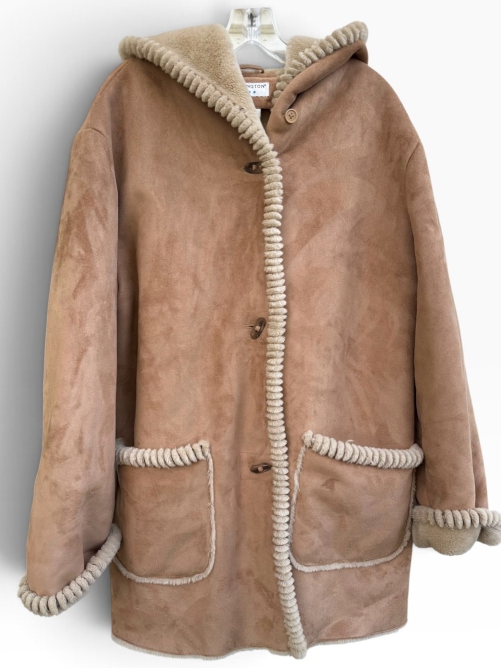 Covington Faux Suede Shearling Lined Hooded Coat Jacket Tan Size Large